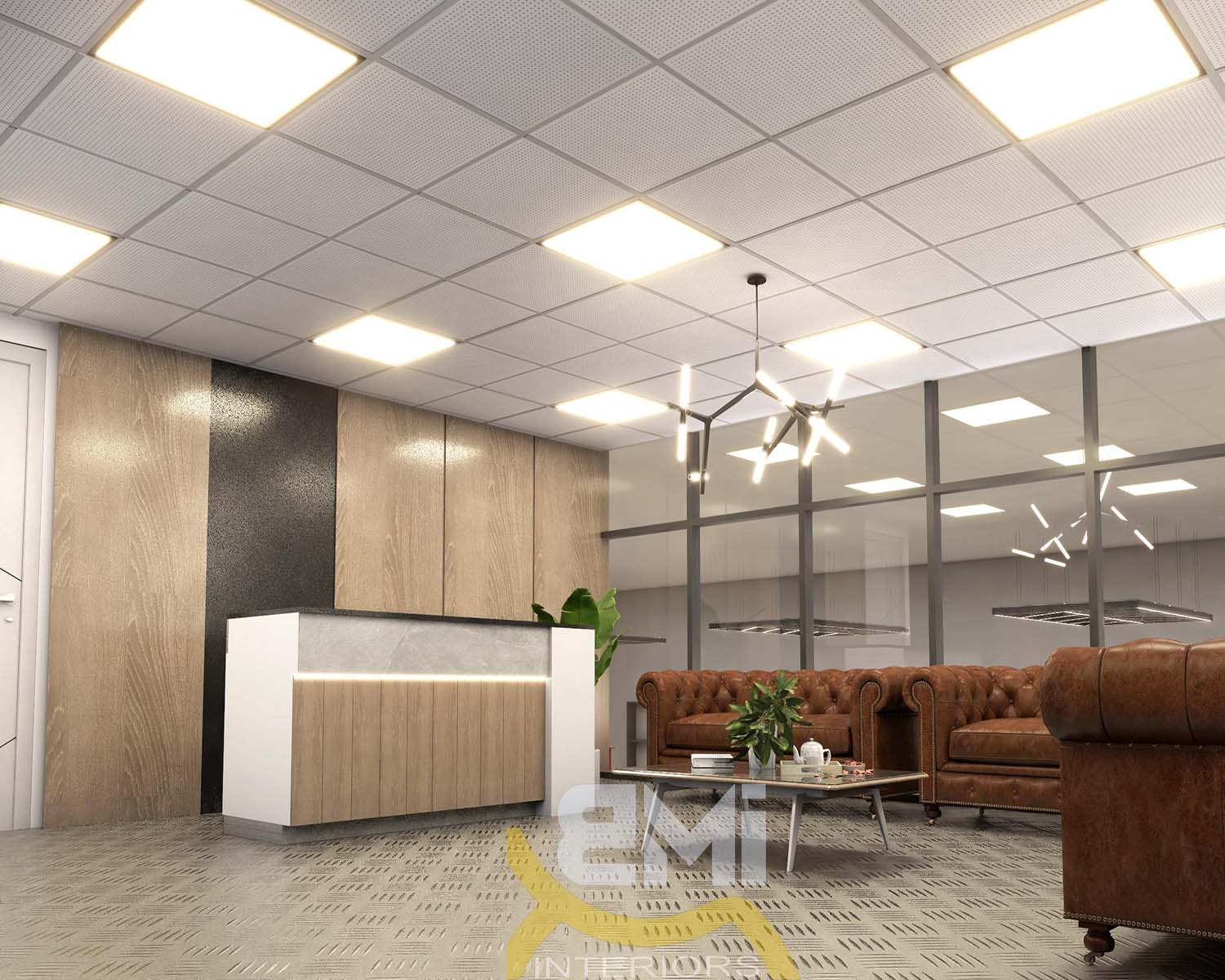 3d model of decored office design with 3 brown sofas placed near reception desk